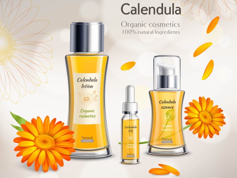 Organic cosmetics skincare products realistic advertisement poster with calendula extract essence lotion and oil background vector illustration